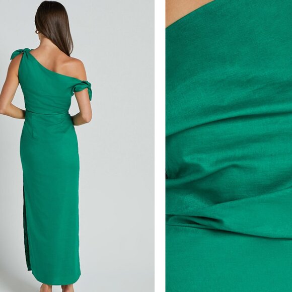 Cincinnati Midi Dress - Off The Shoulder Side Split Column Linen Dress in Green - Picture 3 of 4